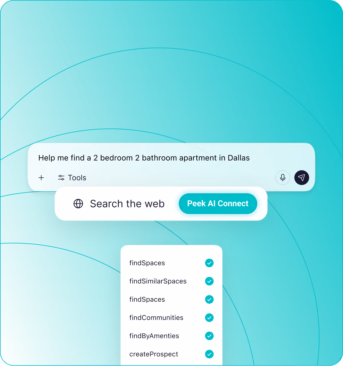 Search interface showing a query for a 2 bedroom 2 bathroom apartment in Dallas with options to search the web or use Peek AI Connect and a list of checked functions including findSpaces, findSimilarSpaces, and createProspect.