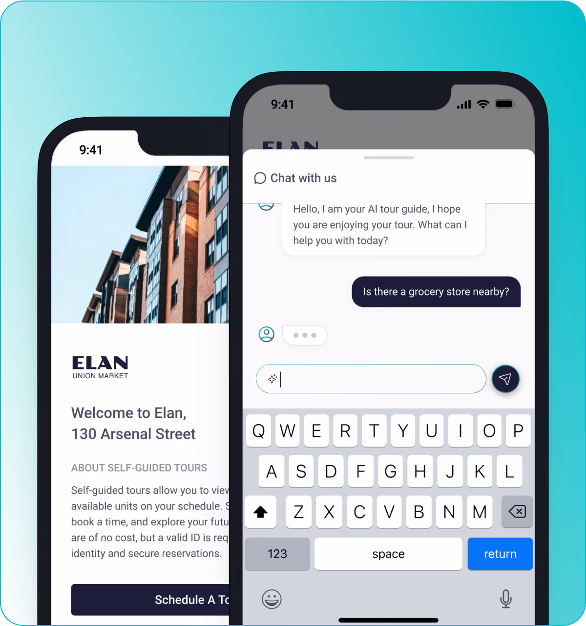 Two smartphones showing a self-guided tour app for Elan Union Market with a chat interface where a user asks about nearby grocery stores.