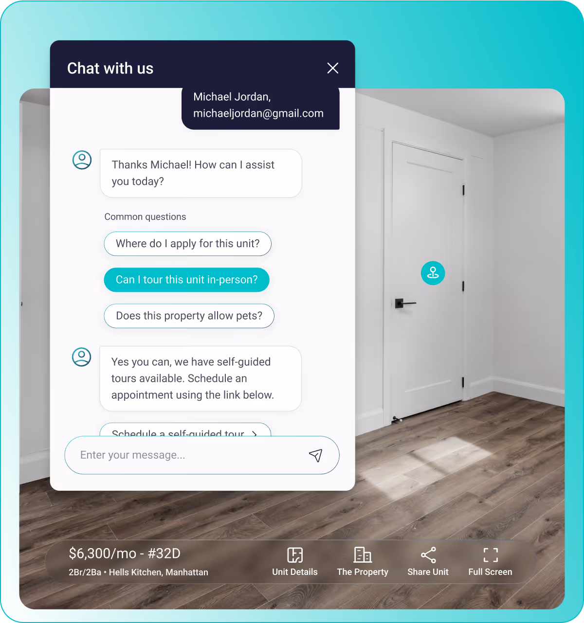 Chat window overlay on an empty room with wooden floor and closed white door, showing rental unit details $6,300/month, 2 bedrooms, 2 bathrooms in Hell's Kitchen, Manhattan.